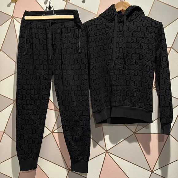 Dolce & Gabbana Black Velvet Embossed Logo Sweat Suit (Hoodie & Joggers)